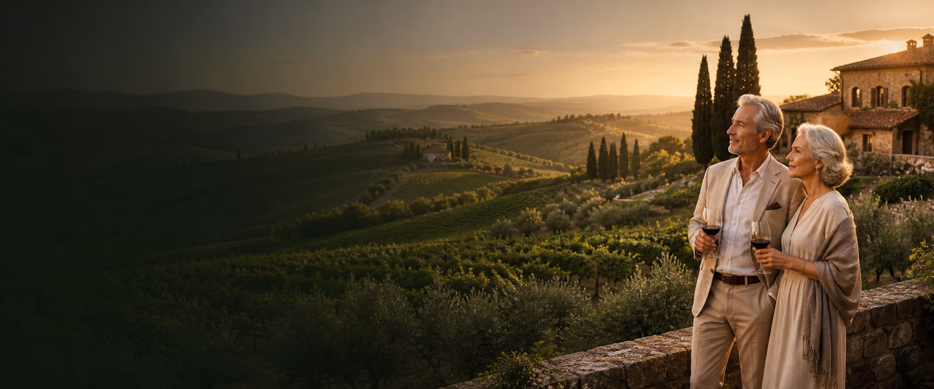 Casal desfrutando de uma tarde em uma vinícola na Toscana