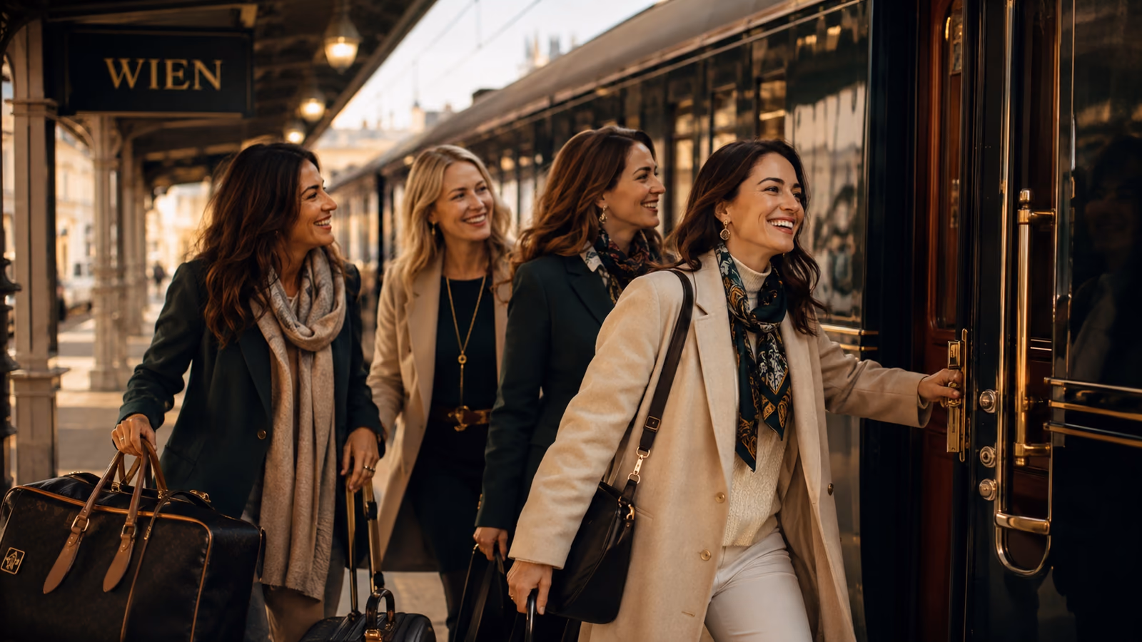 Grupo de viajantes embarcando em um trem em Viena